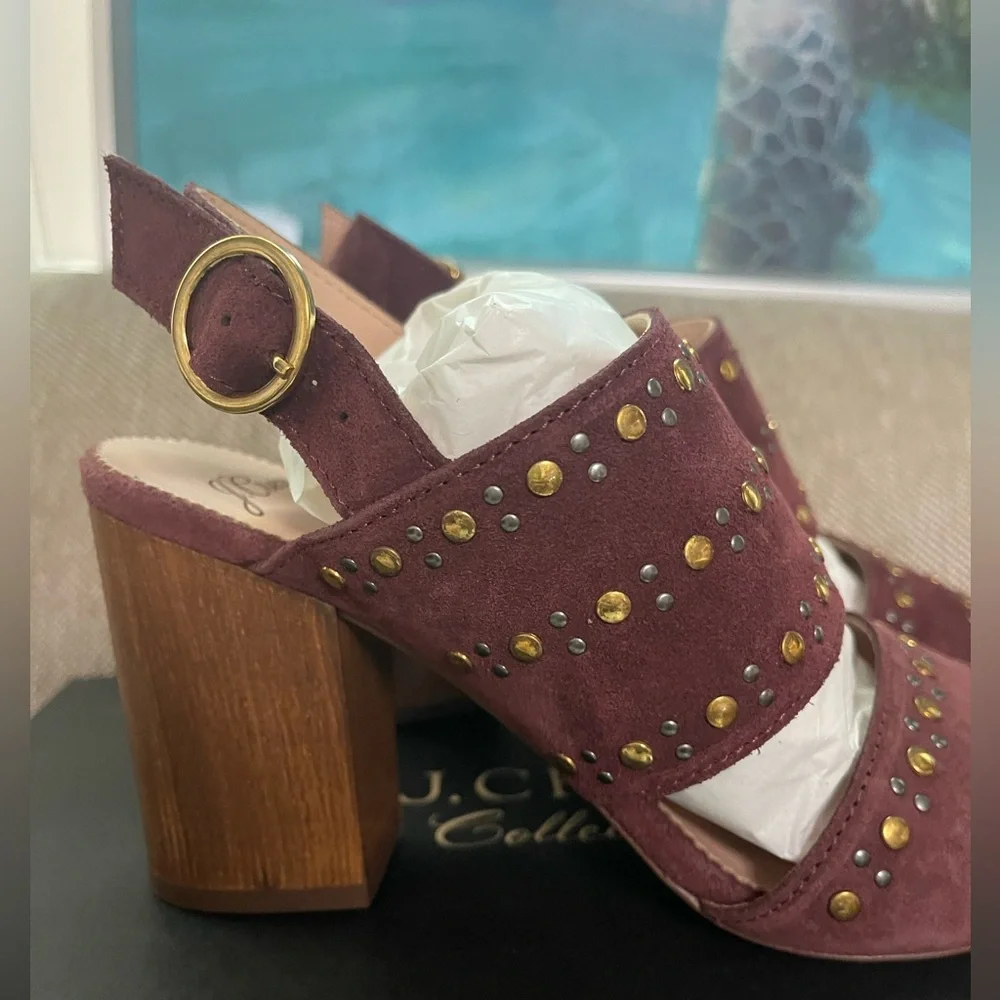 J. Crew Stella Bright Ruby Burgundy Studded Block Heel Sandals - Picture 3 of 5